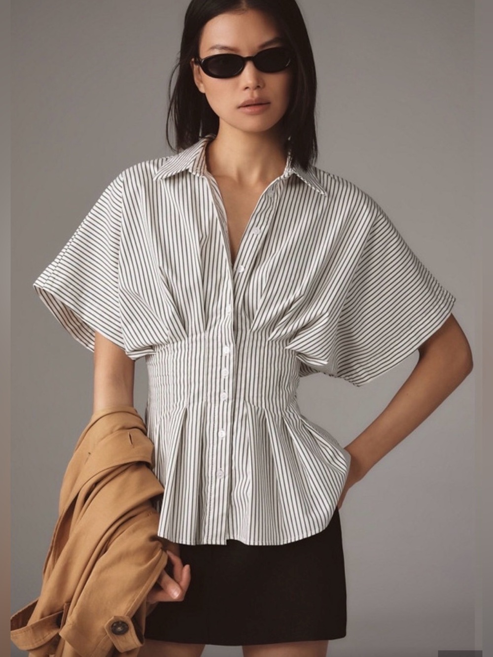 EXQUISE Anthropologie Tobie short-sleeve Cinched-Waist Button-Front Blouse S